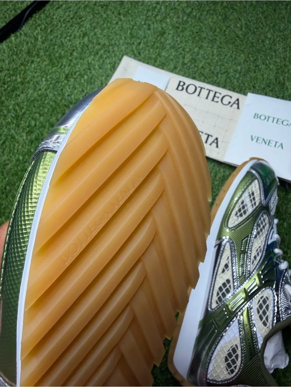 Bottega Veneta Olive Green and Silver Mesh Runner Sneakers